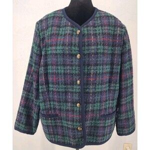 Vintage Plaid Tartan Tweed Wool Blazer Green Navy‎ Academia Preppy | Size 42